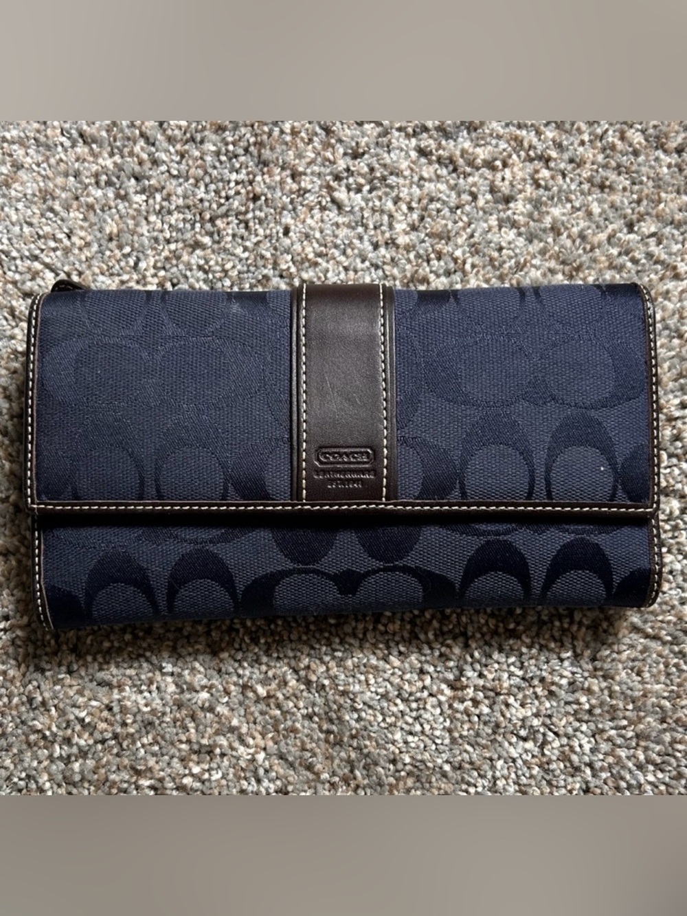 Coach Navy Signature Canvas trifold Wallet with checkbook Brown Trim NWT